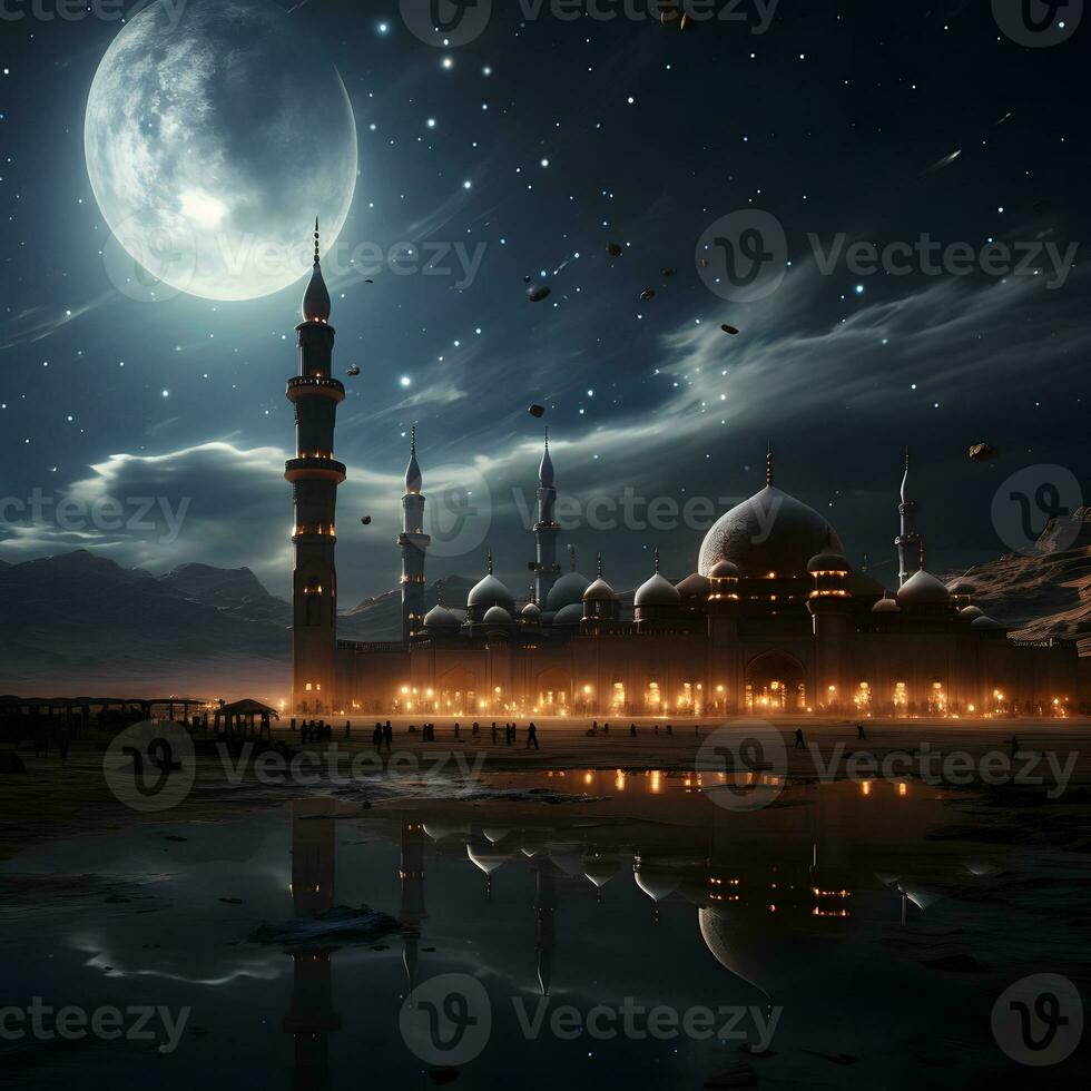 AI generated Elegant Mosque Illustration at Night with Big Moon and Fantasy Sky. Generative Ai photo