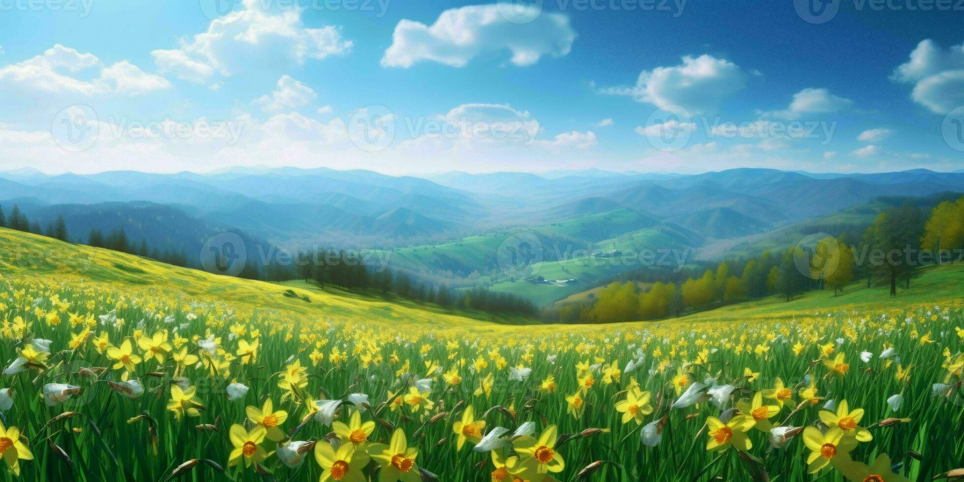 AI generated Daffodil Flowers in the Field with Blue Sky View. Generative AI photo