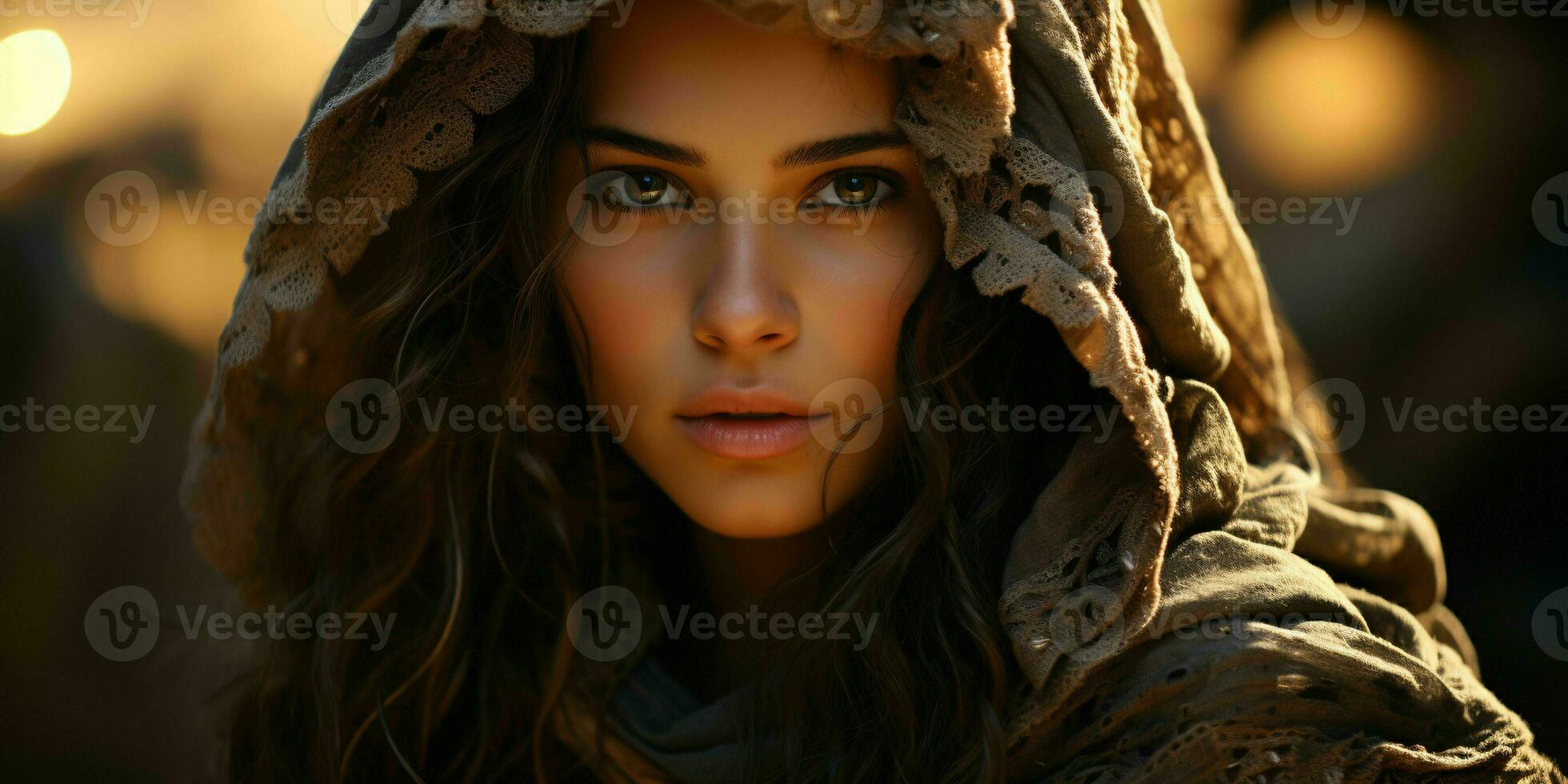 AI generated Portrait of Beautiful Veiled Arab Women with Desert Background. Close up of Middle Eastern Women with Beautiful Eyes. Generative AI photo