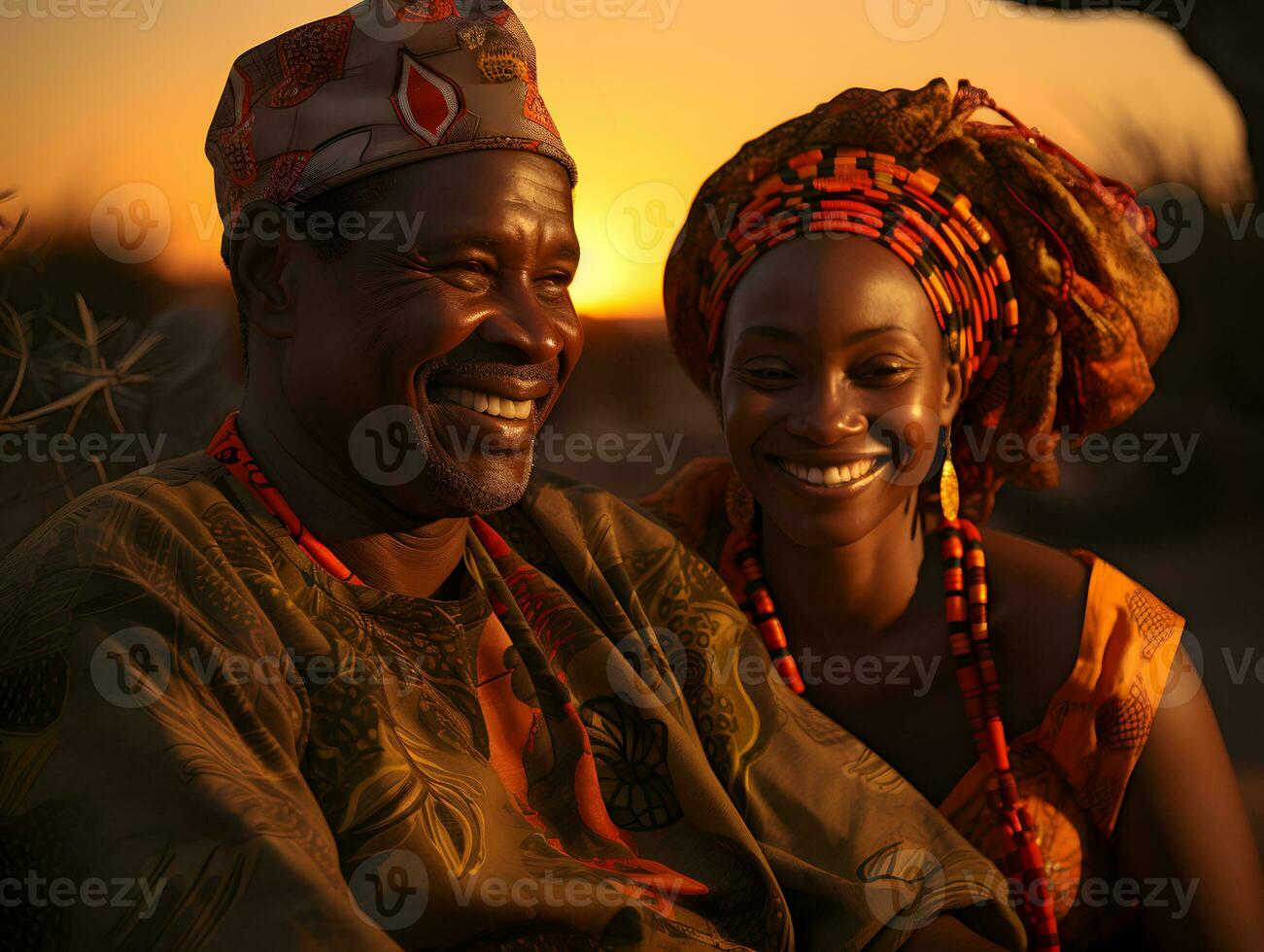 AI generated Romantic Elderly African Couple Embracing Each Other with Sunset View. Generative Ai photo