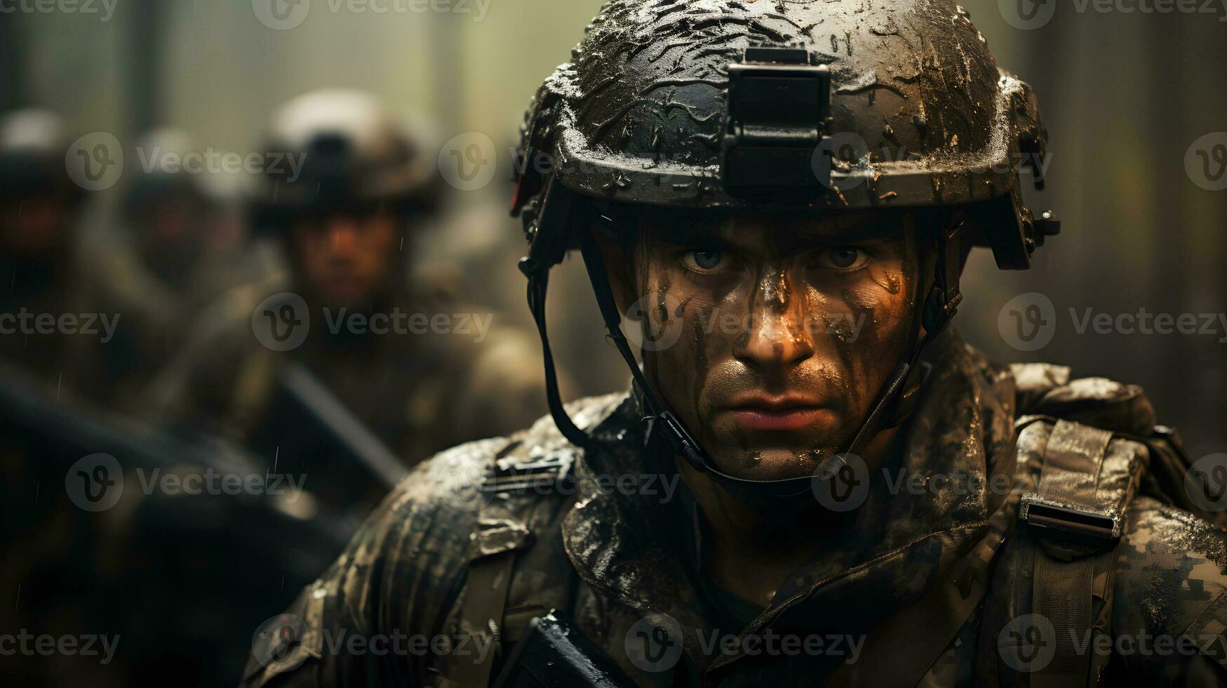 AI generated Portrait of a Soldier in a War Zone. Man in Battle. Generative Ai photo