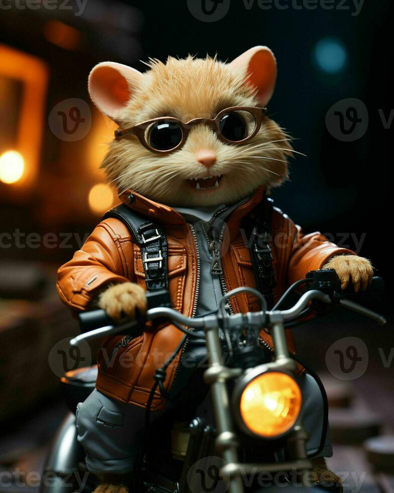 AI generated Cute Little Hamster Riding a Motorcycle. Generative AI photo