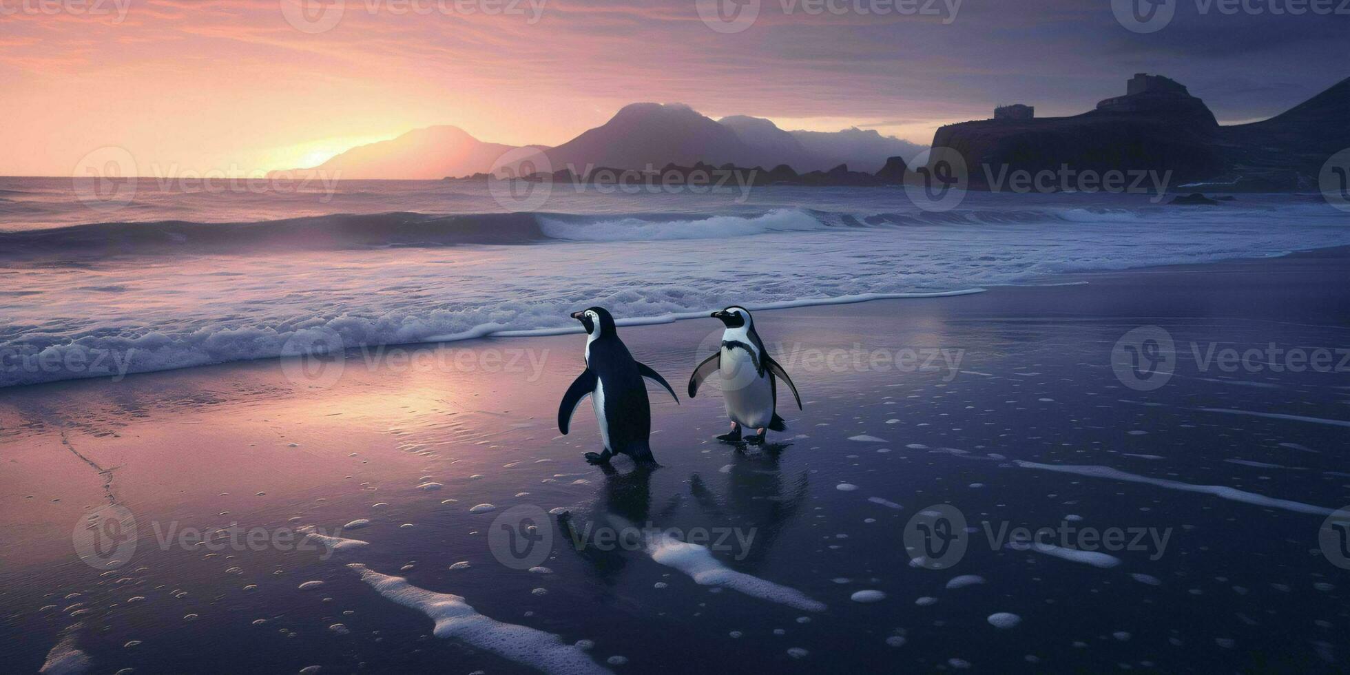 AI generated A Pair of Penguins Enjoy the Beauty of the Beach at Dusk. Penguin Couple. Generative AI photo