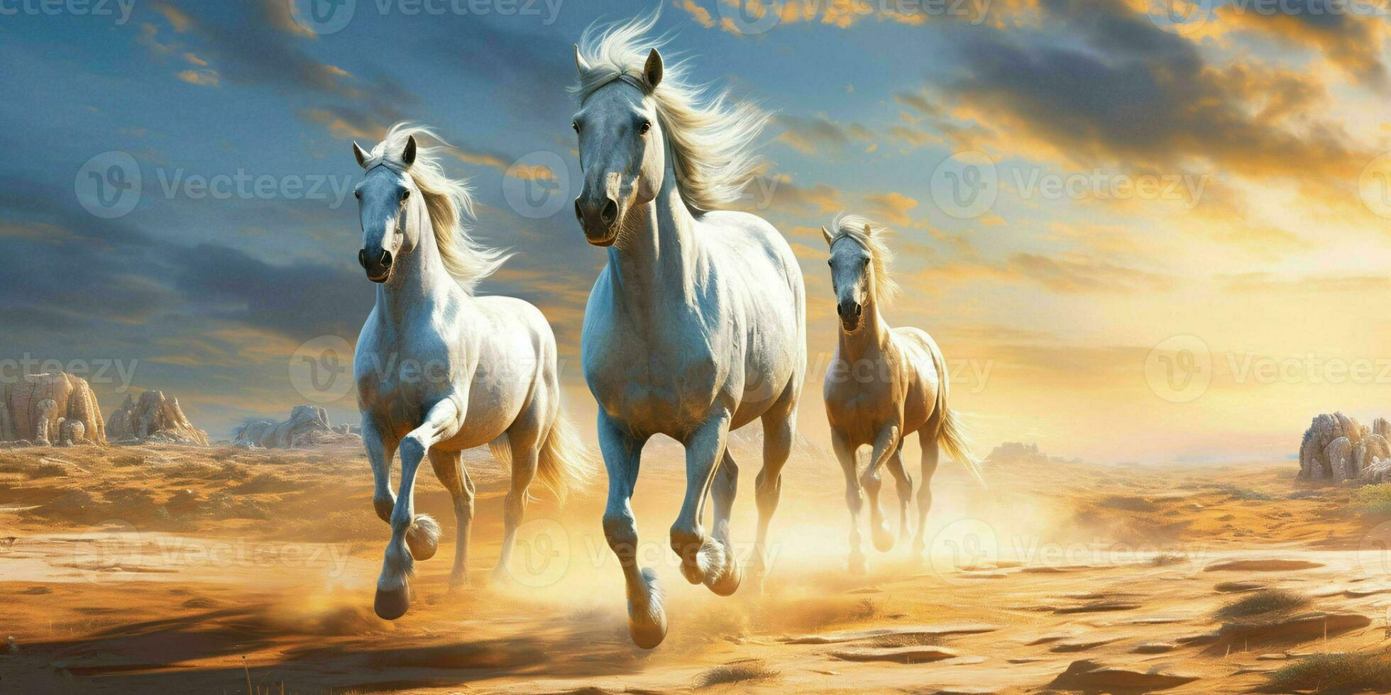 ai generado plata caballos Galopando en el Desierto arena. generativo ai foto