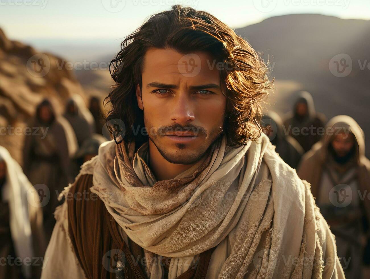 AI generated A bearded and long-haired Middle Eastern man wearing a headscarf in the desert. Generative Ai photo