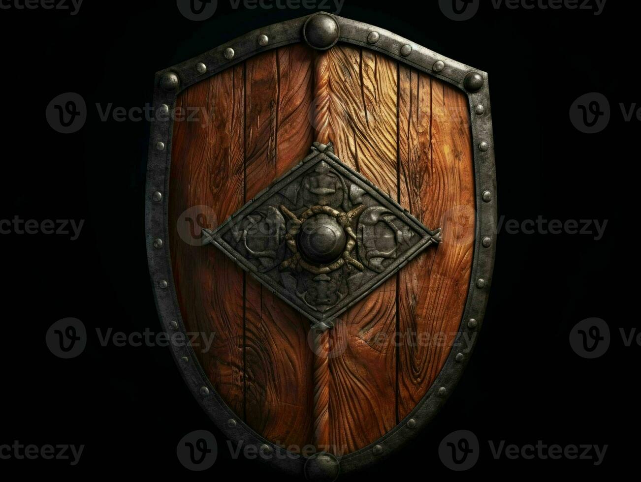 AI generated Medieval Wooden Shield with War Torn Mark. Generative AI photo