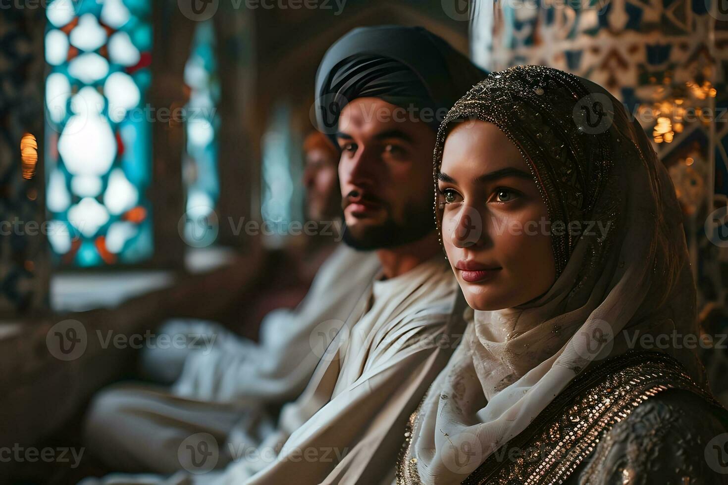 ai generado retrato de un medio oriental musulmán Pareja en tradicional vestido. generativo ai foto