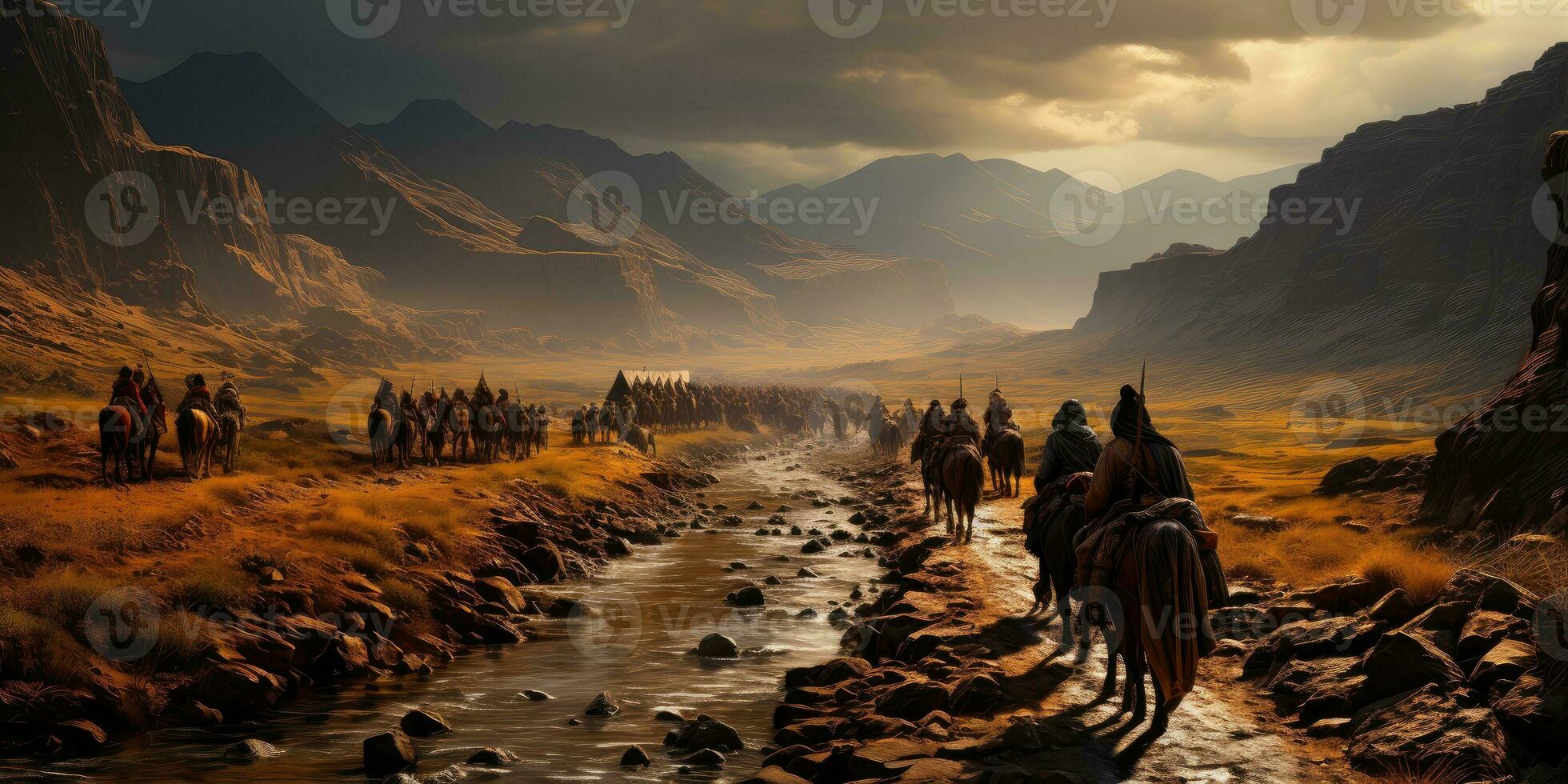 AI generated Arabian People Doing a Long Journey on Foot and Horseback. Generative AI photo