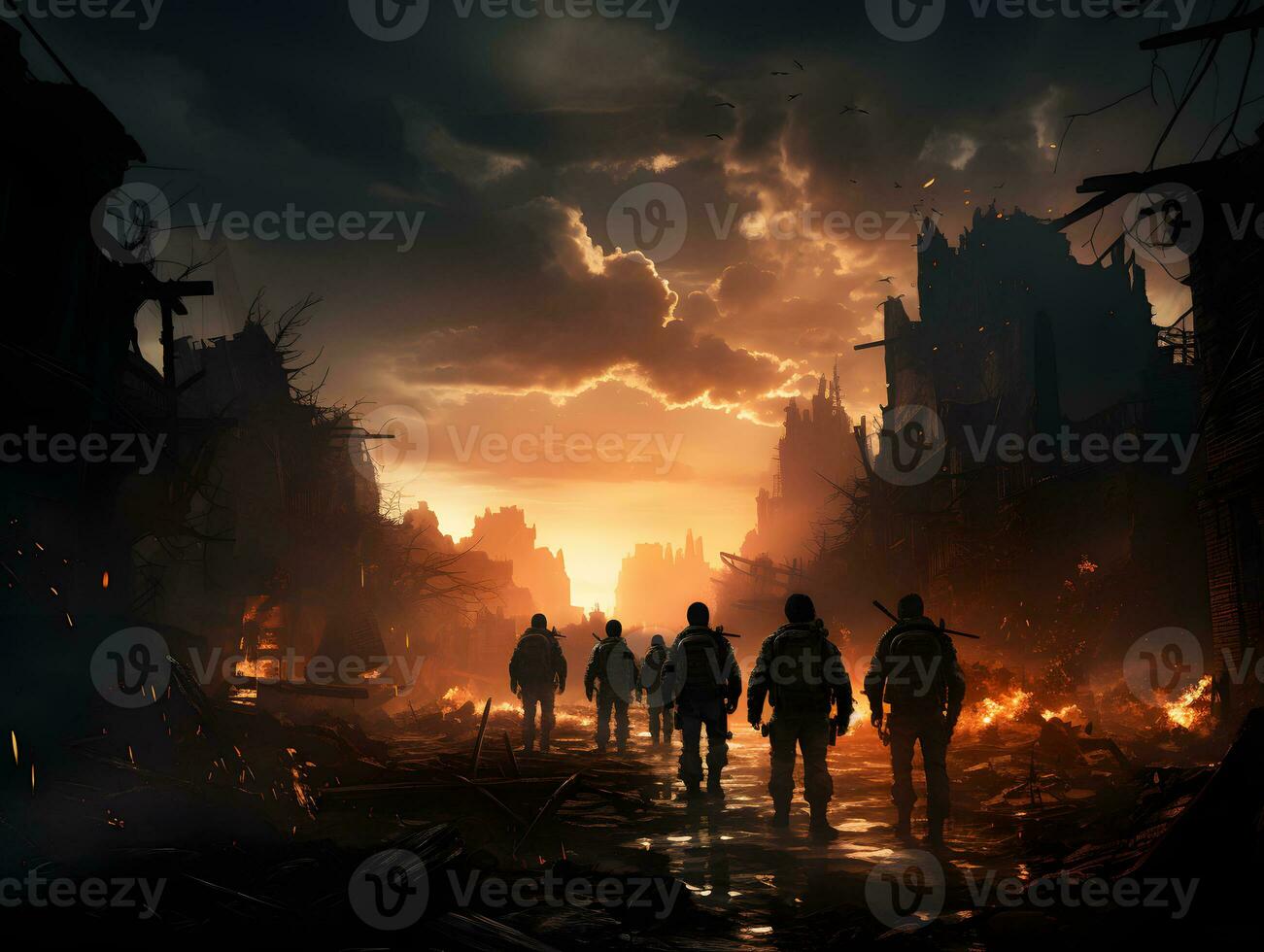 AI generated Silhouettes of Soldiers in a Ruined City Turned into a War Zone. War in the City. Generative Ai photo