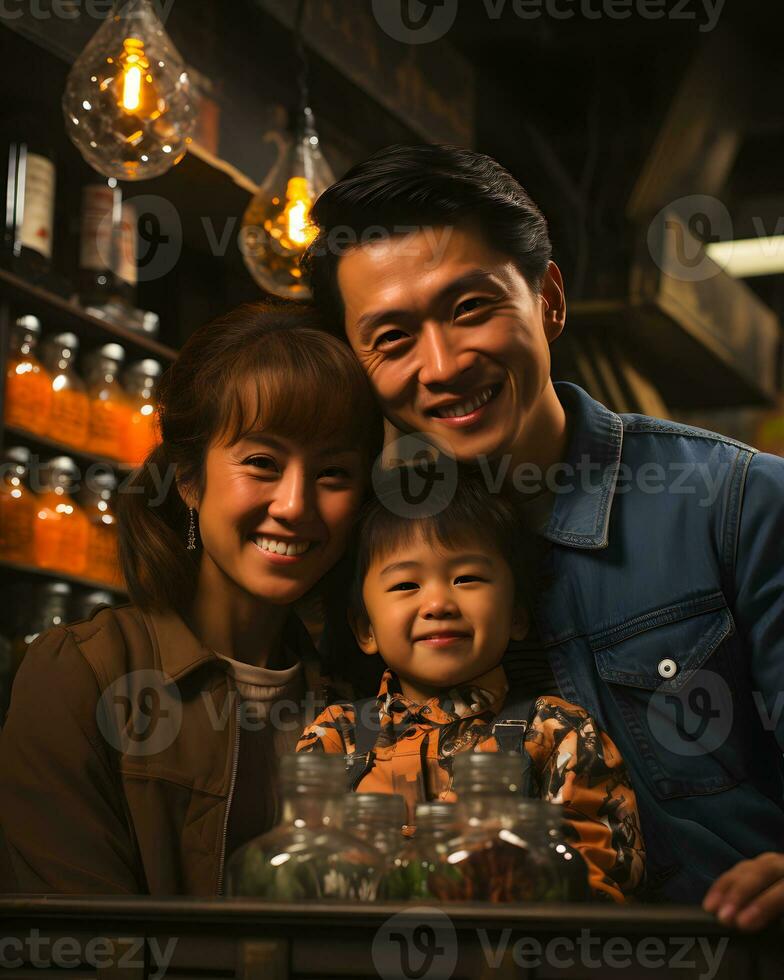 ai generado retrato de un pequeño contento asiático familia en retro Moda estilo. generativo ai foto