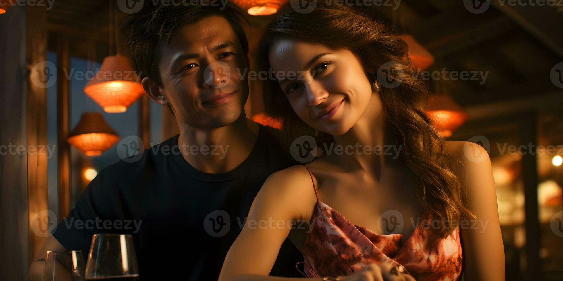 AI generated Romantic Young Couple Enjoying Drinks At Sunset Together. Man and Woman Celebrating Honeymoon Trip. Generative Ai photo