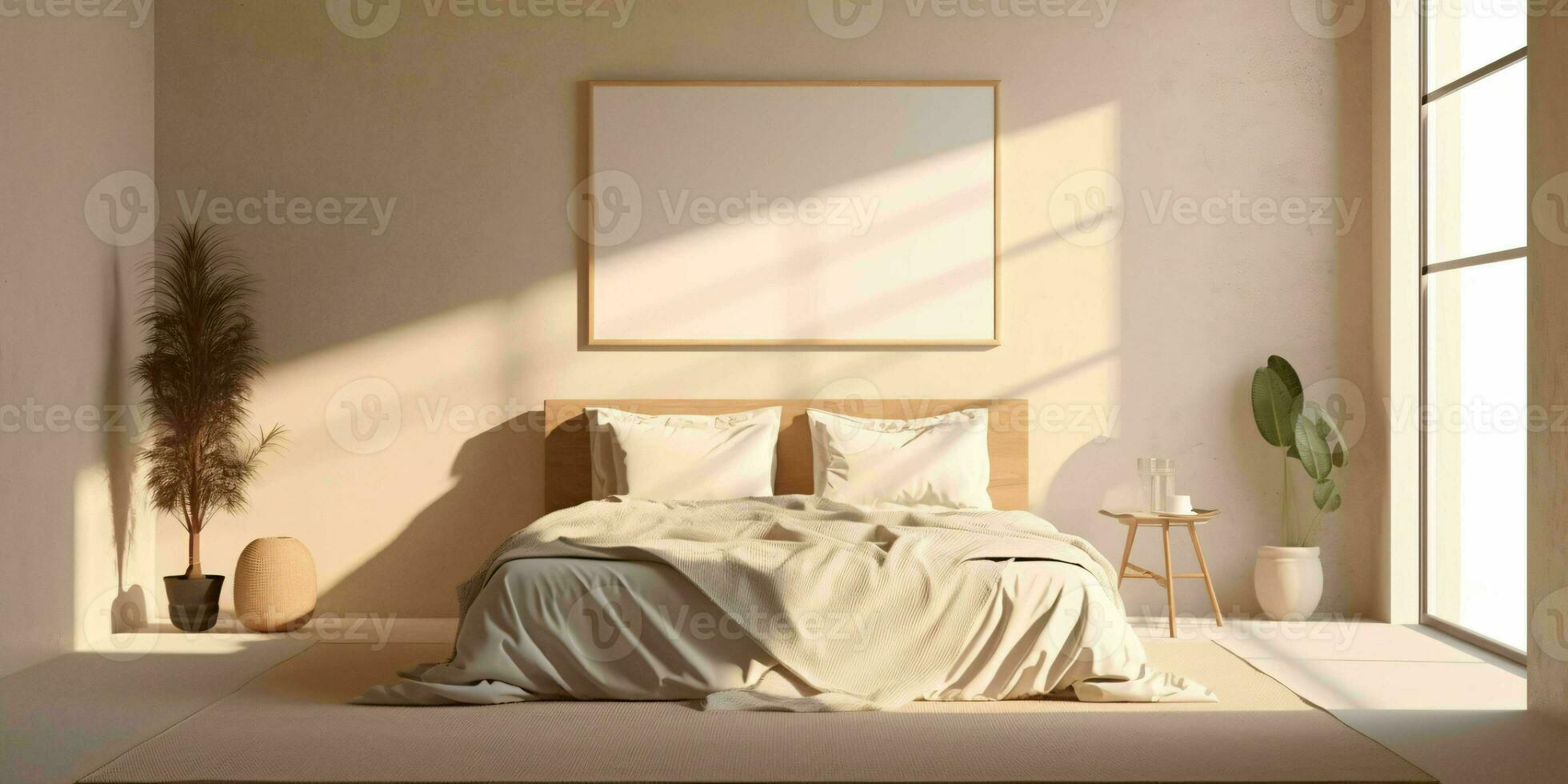 ai generado minimalista beige cama habitación interior diseño con blanco blanco imagen marco Bosquejo. generativo ai foto