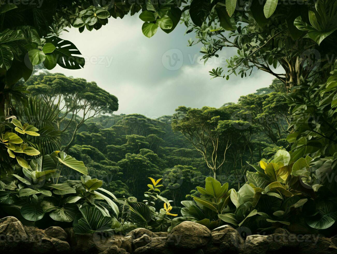 AI generated Exotic Tropical Leaves Background with Copy Space in The Center. Generative AI photo