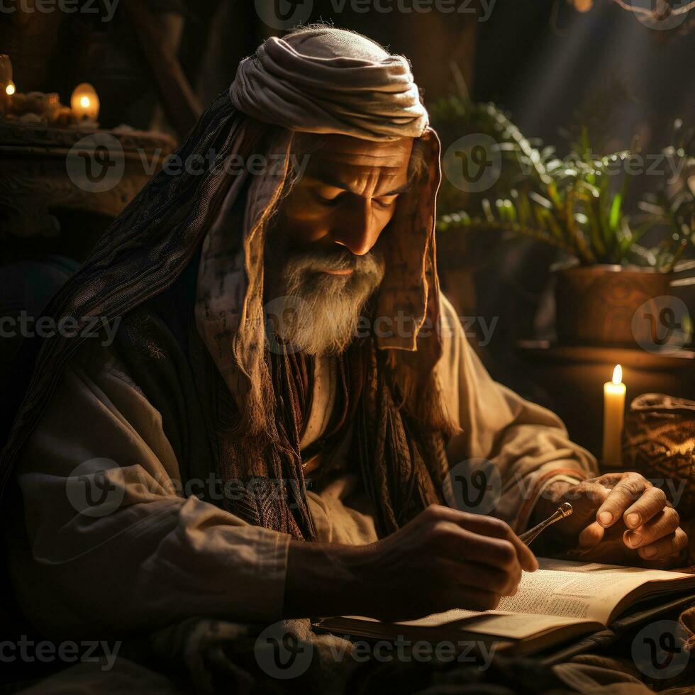 AI generated A Middle Eastern Man Reading a Book in Ancient Times. Generative AI photo