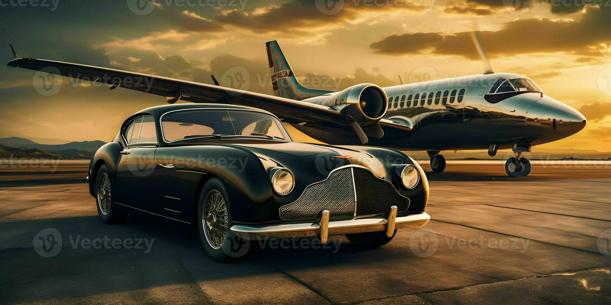 AI generated Luxury Car and Private Jet at the Airport. Business Class Service at the Airport. Generative AI photo