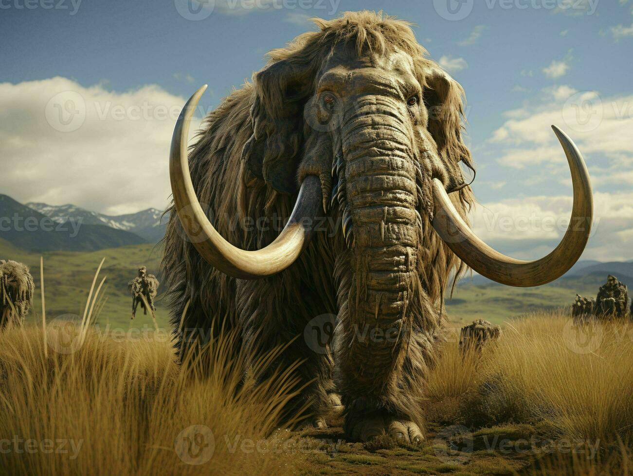 ai generado un lanoso mamut con vasto pastos y montañas antecedentes. generativo ai foto