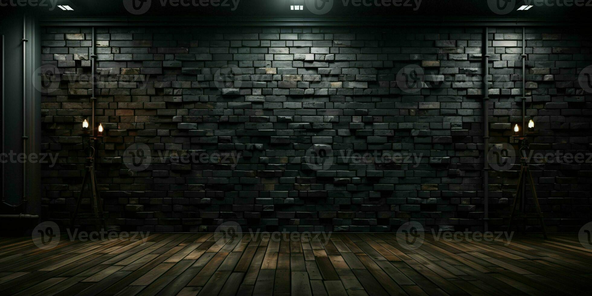 AI generated Black Brick Wall Texture Background. Room with Dark Brick Wall. Generative AI photo