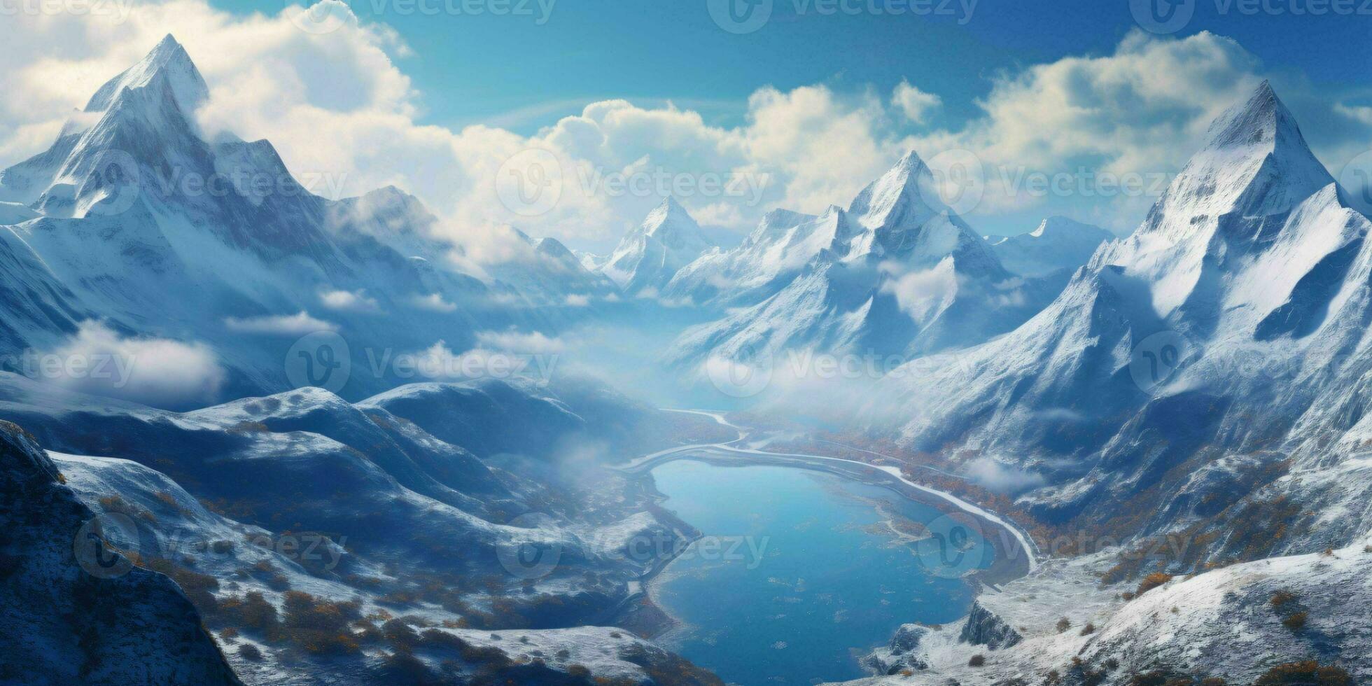 AI generated Illustration of a Large Snowy Mountain Landscape with a Lake Below. Winter Mountains. Generative AI photo
