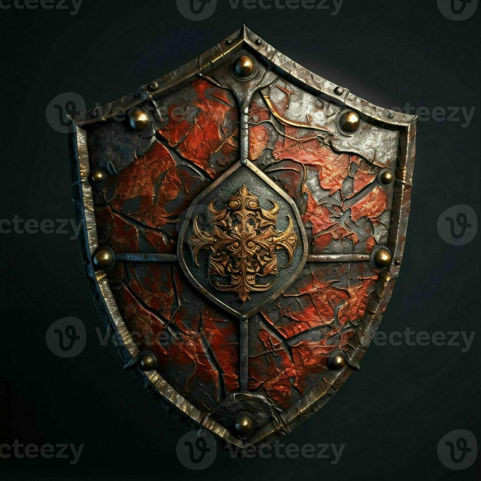 AI generated Rusty Medieval Shield with War Torn Effect Isolated on Black Background. Generative AI photo