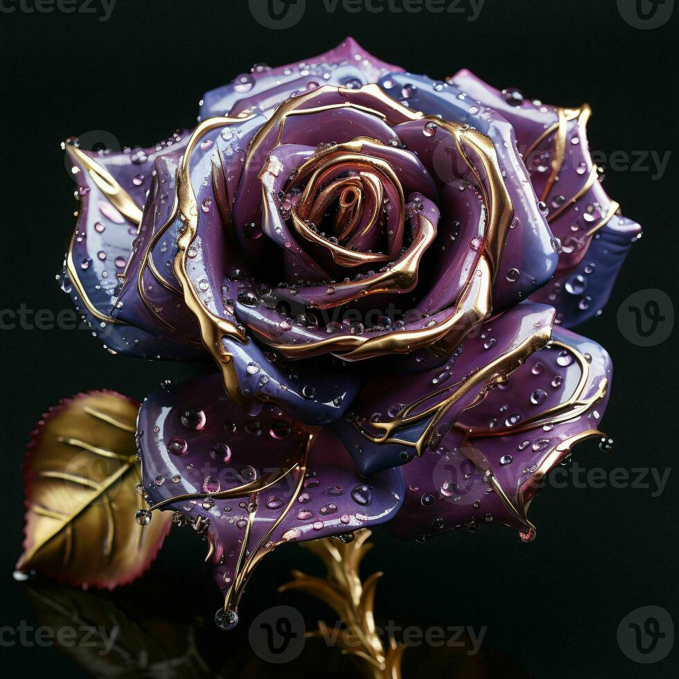 AI generated Purple and Gold Glass Rose Flower with Water Droplets on it Isolated on Black Background. Generative AI photo