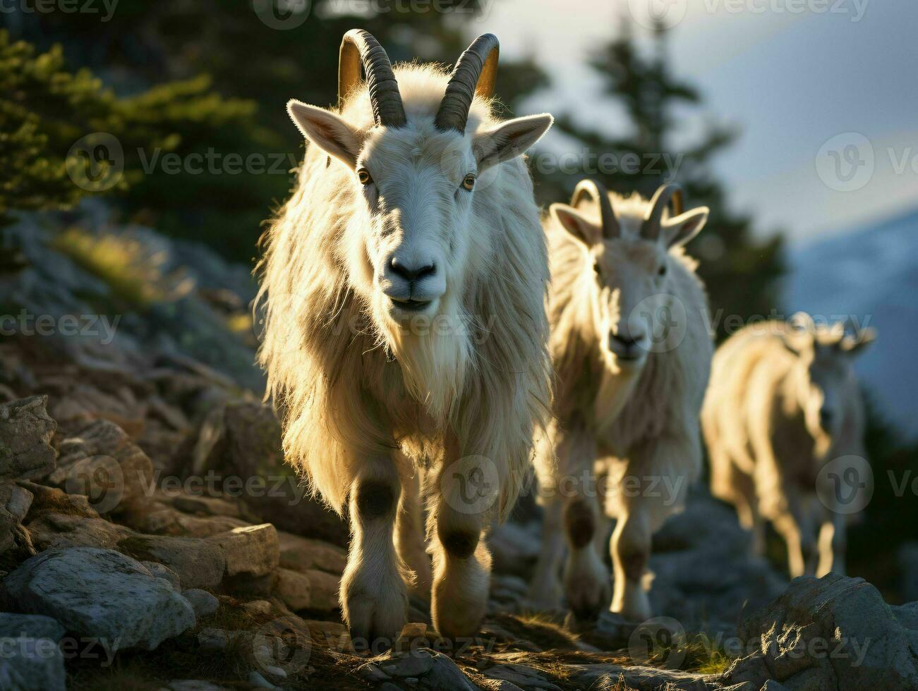 AI generated Herd of Mountain Goats on a Rocky Hill. Generative AI photo