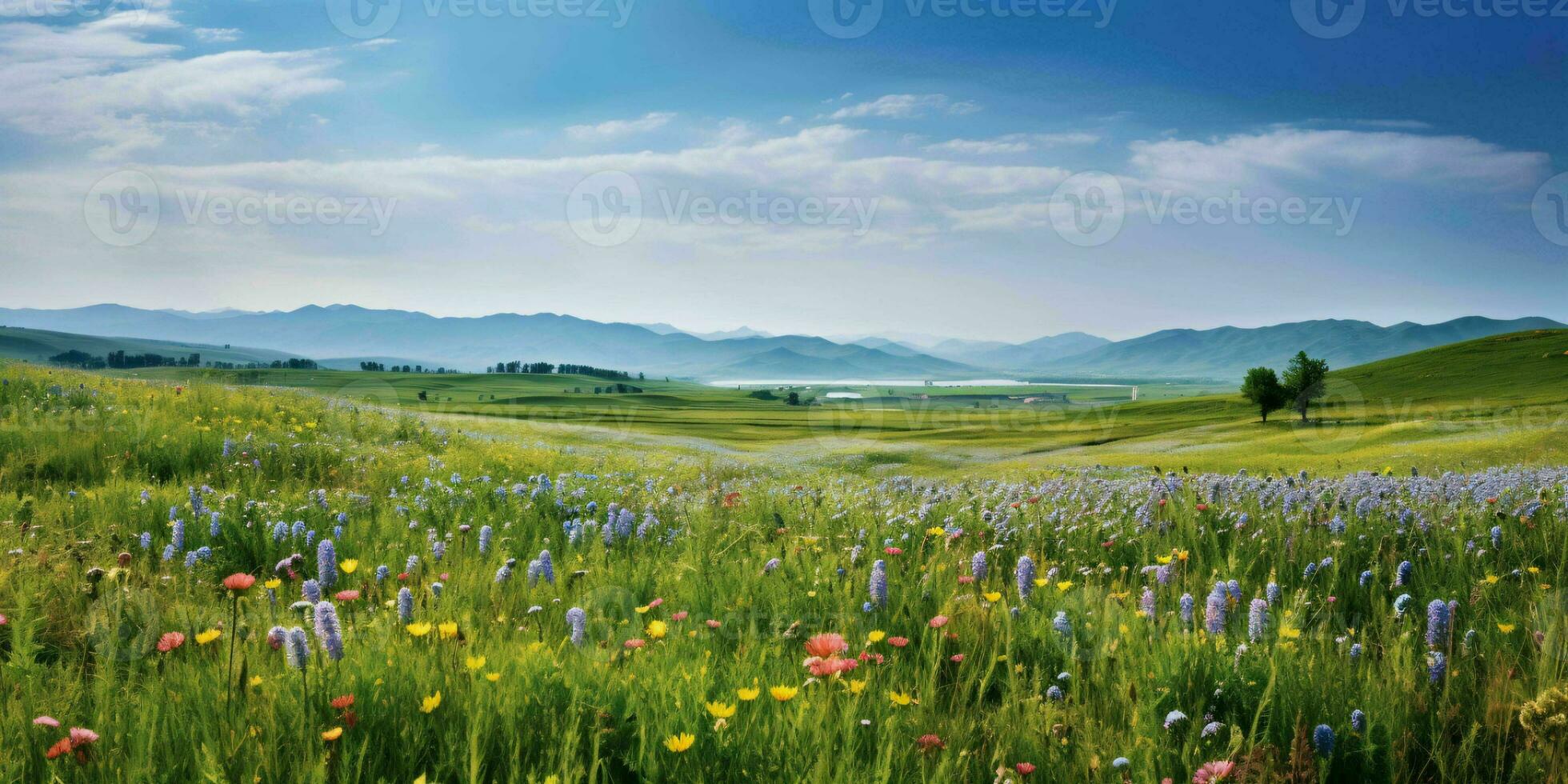 AI generated Beautiful Flowers Meadow Landscape. Flower Field. Generative AI photo