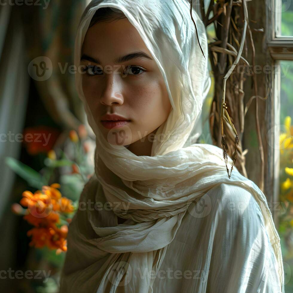 AI generated Portrait of a beautiful and exotic young muslim woman with white hijab. Generative Ai photo