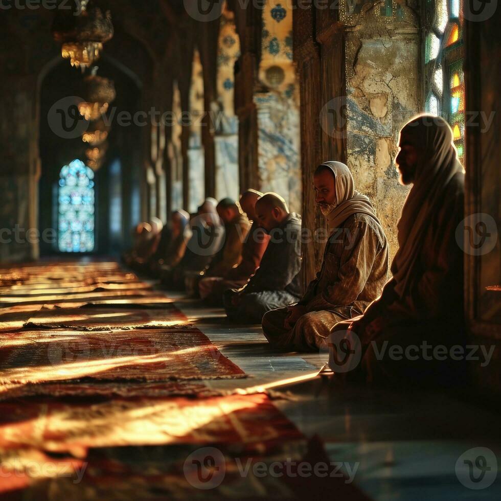 AI generated Muslim Man Praying at a Mosque with Sunlight Effect. Worshiping God. Generative AI photo