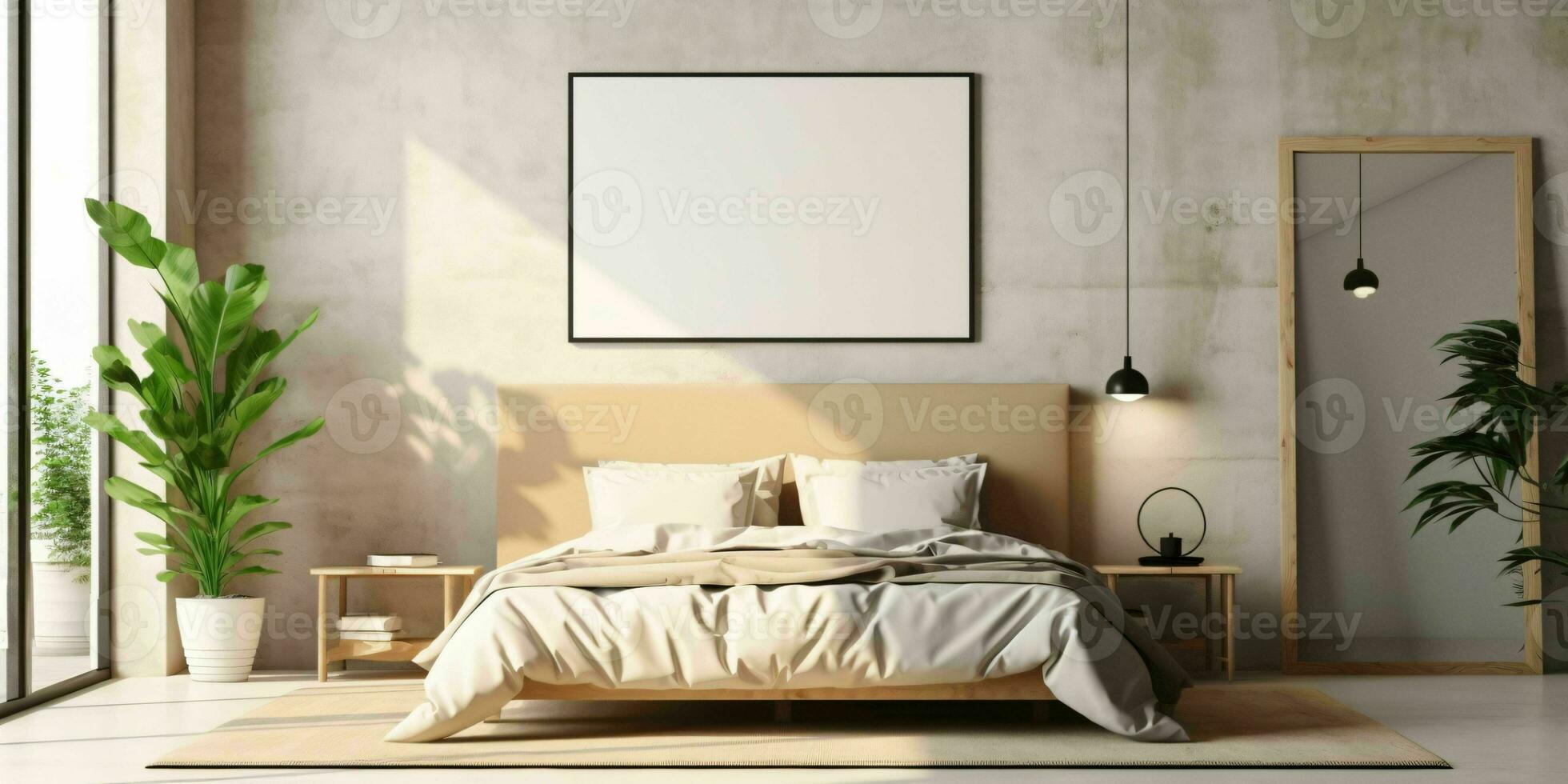 AI generated Minimalist Beige Bed Room Interior Design with Blank White Picture Frame Mockup. Generative AI photo