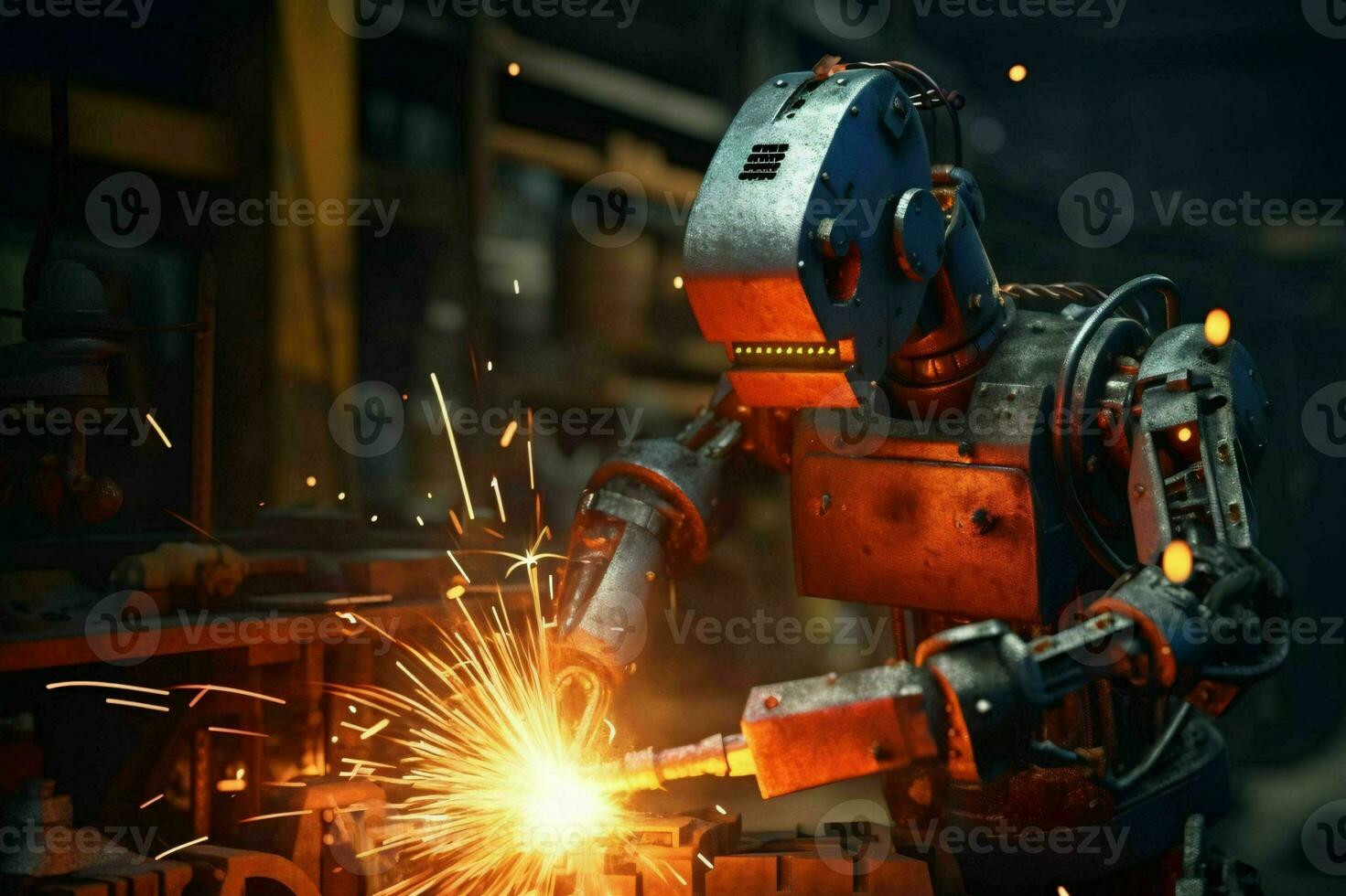 AI generated Industrial Robots at Work. Industrial Robots Doing Welding. Generative AI photo
