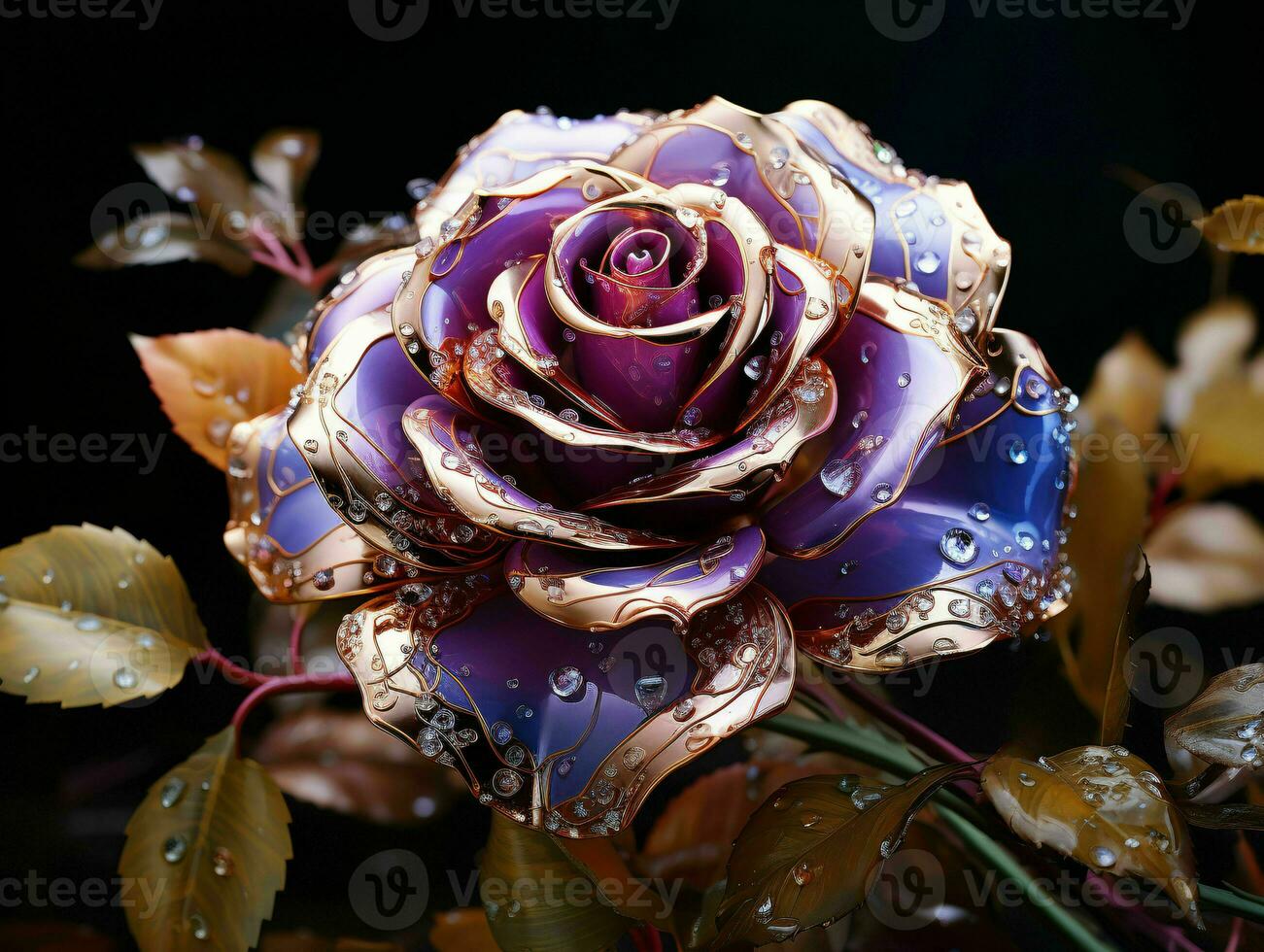 AI generated Purple and Gold Glass Rose Flower with Water Droplets on it Isolated on Black Background. Generative AI photo