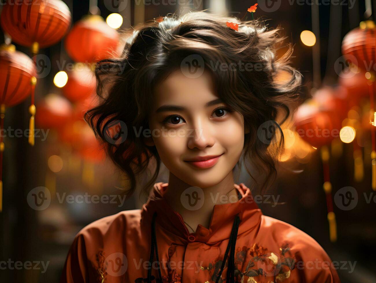 AI generated Beautiful Short Haired Asian Woman in Traditional Dress with Blurred Lantern Background. Asian Women Celebrate the Lunar New Year Festival. Generative Ai photo