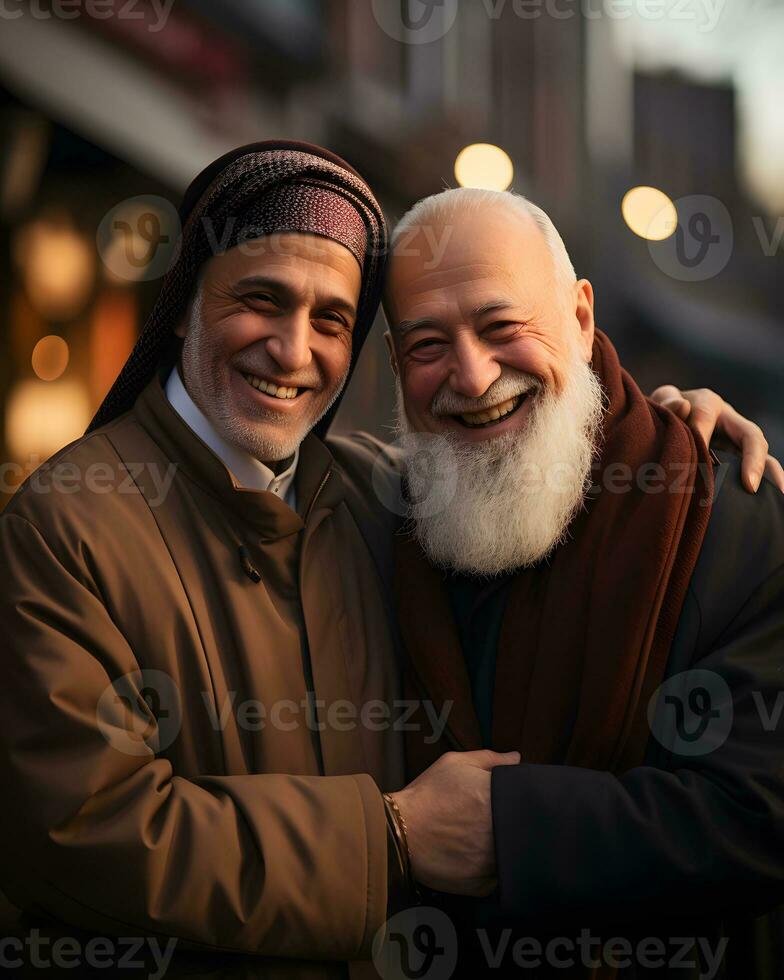 AI generated Portrait of Muslim Imam and Christian Priest Embracing Each Other. Generative Ai photo