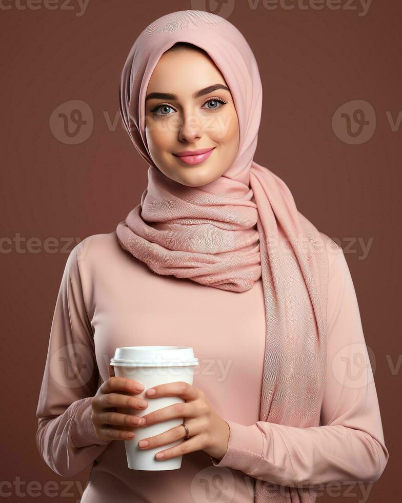 AI generated Beautiful muslim woman in pink hijab holding a cup of coffee. Generative Ai photo