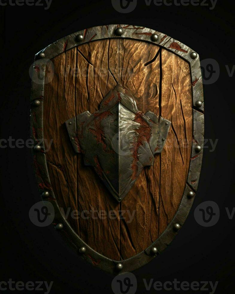 AI generated Medieval Wooden Shield with War Torn Mark. Generative AI photo