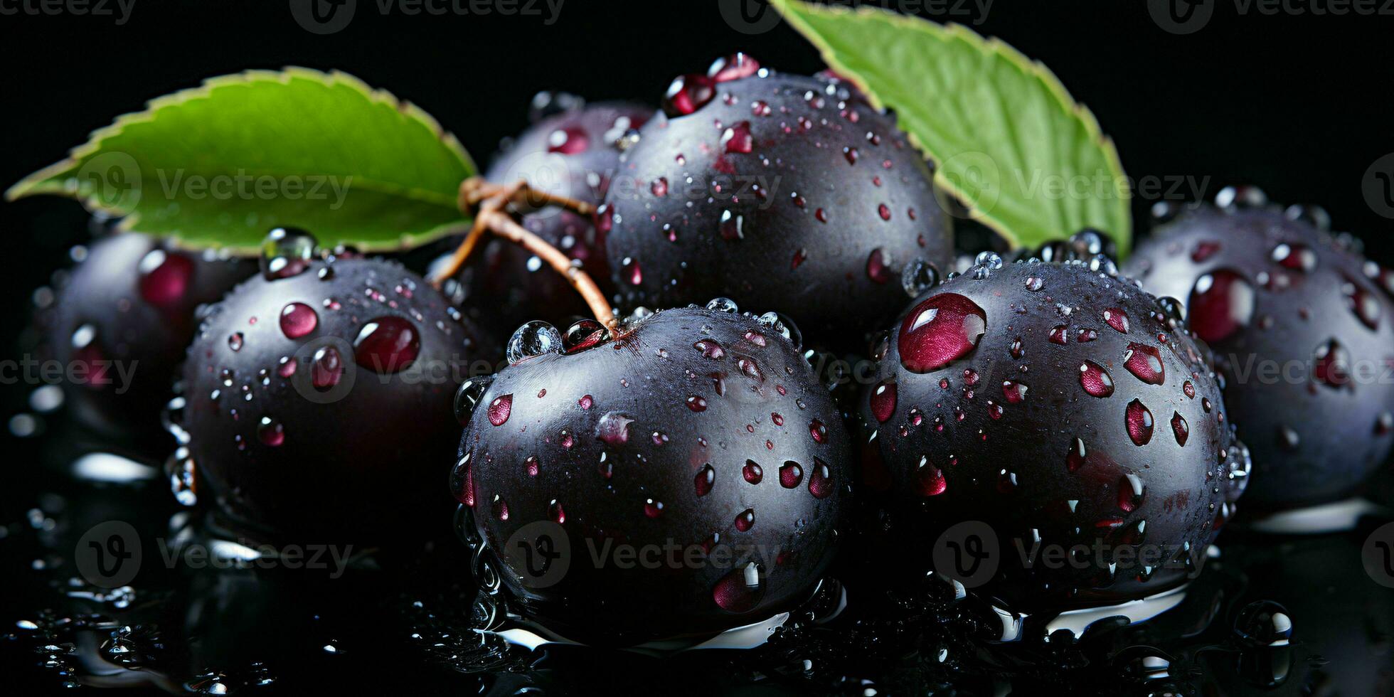 AI generated Fresh Acai Berry with Water Droplets Isolated on a Black Background. Euterpe oleracea. Generative AI photo