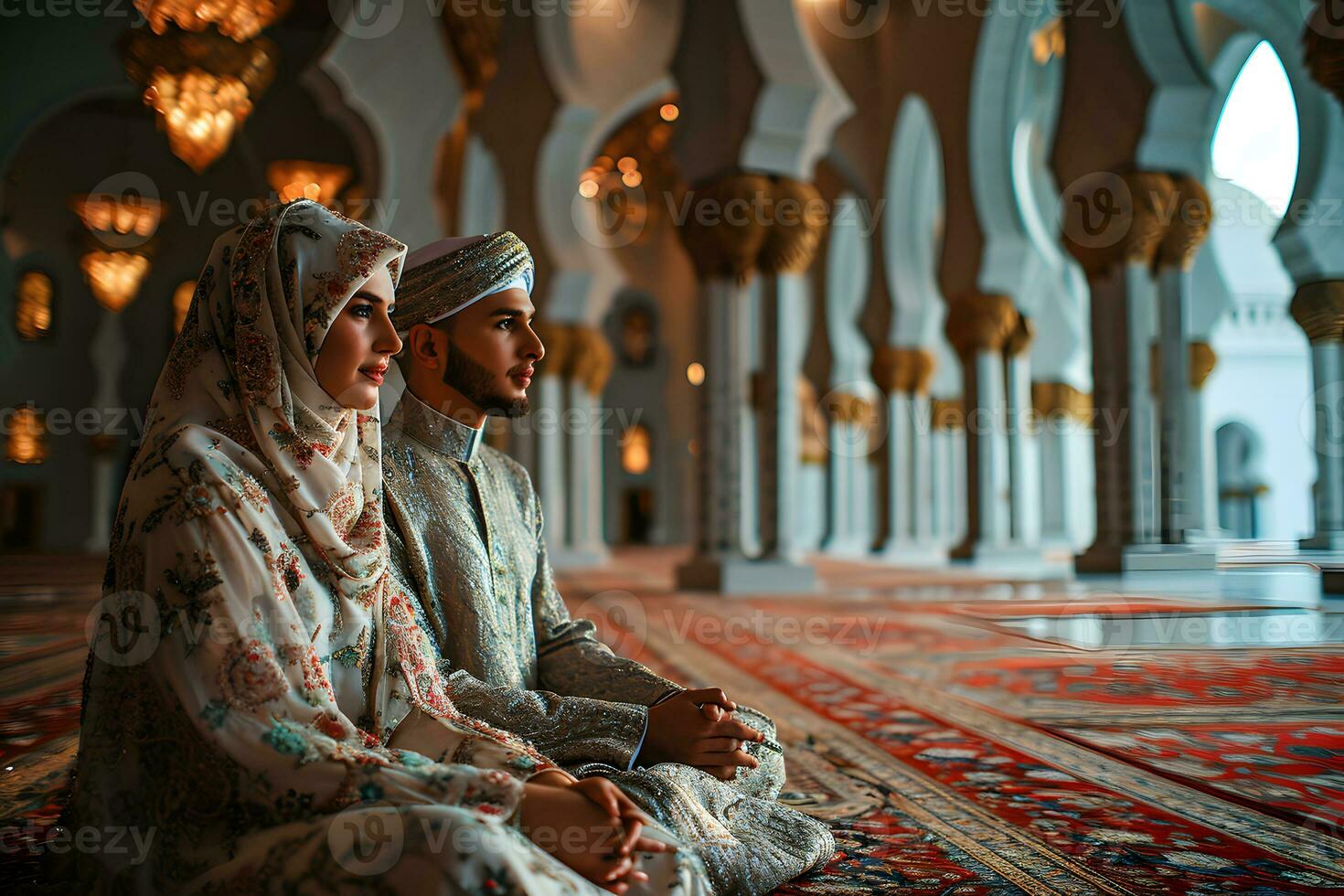 AI generated Muslim couple sitting in a mosque in traditional dress. Generative Ai photo