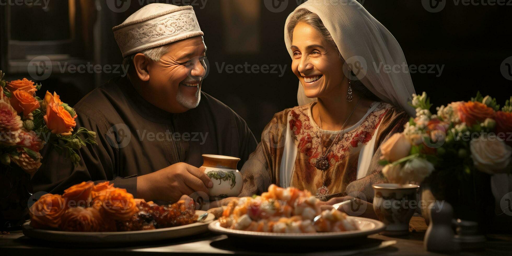 AI generated Happy and Romantic Old Muslim Couple. Generative Ai photo