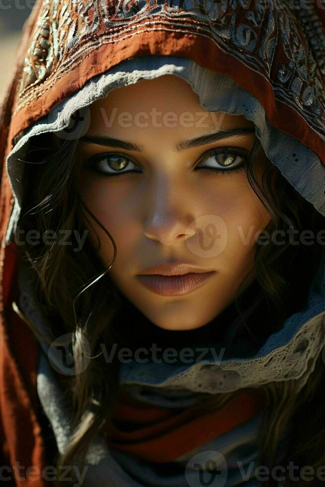 AI generated Portrait of Beautiful Veiled Arab Women with Desert Background. Close up of Middle Eastern Women with Beautiful Eyes. Generative AI photo
