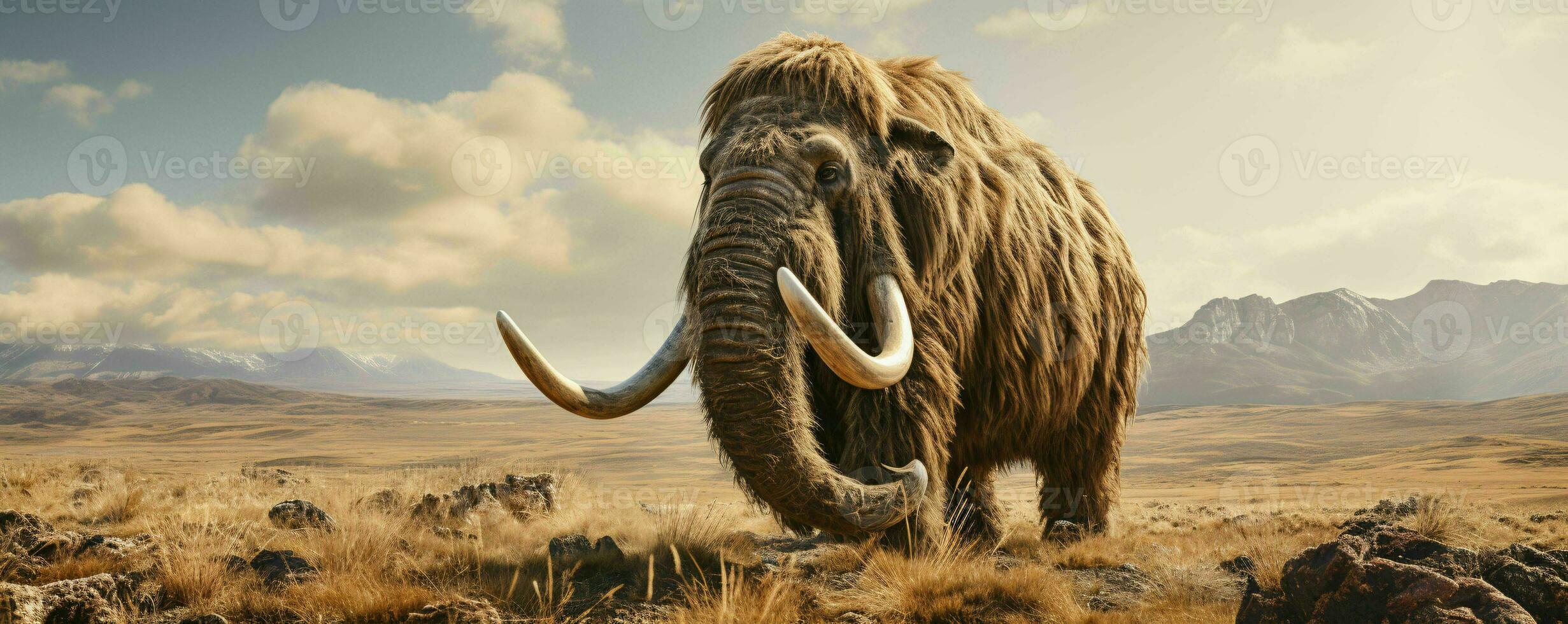 AI generated A Woolly Mammoth with Vast Pastures and Mountains Background. Generative AI photo
