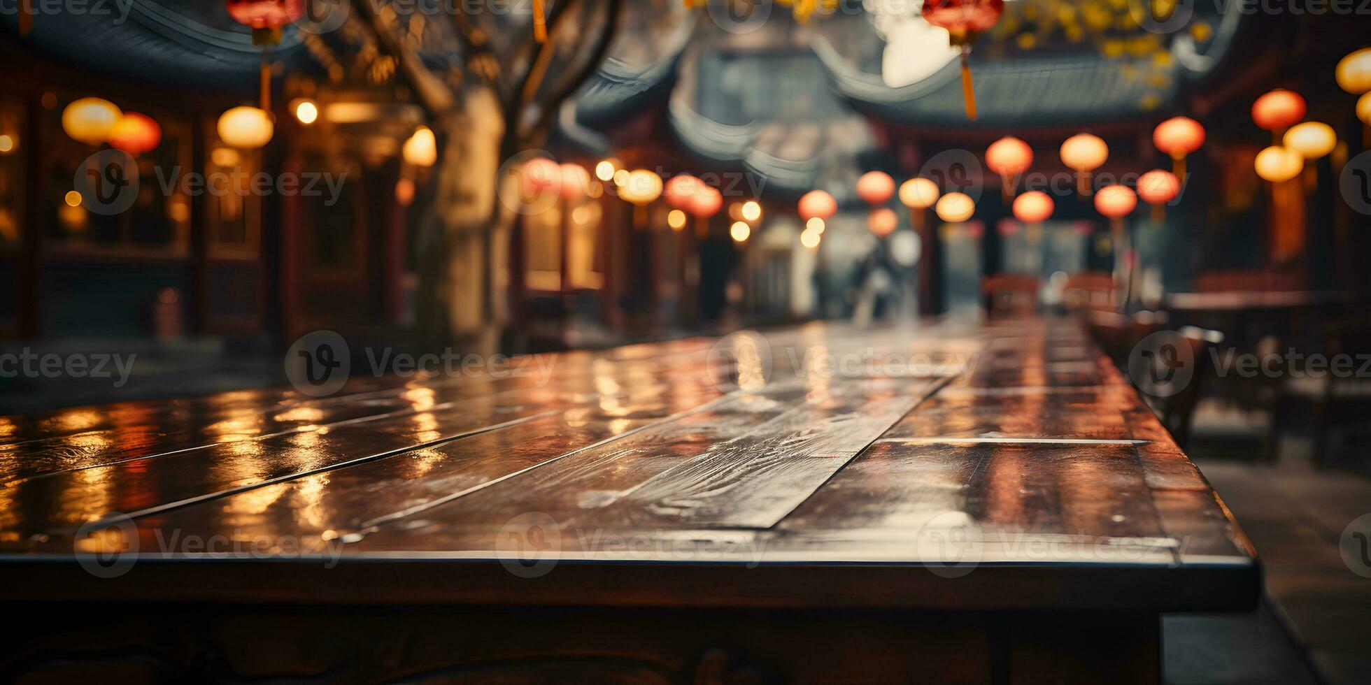 AI generated Empty Wooden Table with Blurred Ancient Chinese Town Background, Decorated with Hanging Lanterns. Generative Ai photo