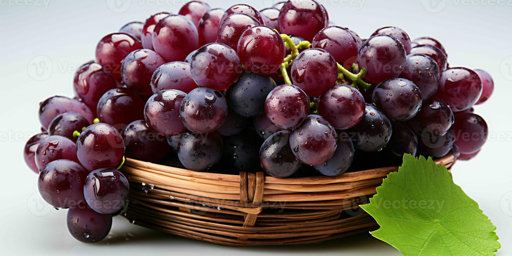 AI generated Fresh and Wet Grape Bunches in Wooden Basket. Generative AI photo