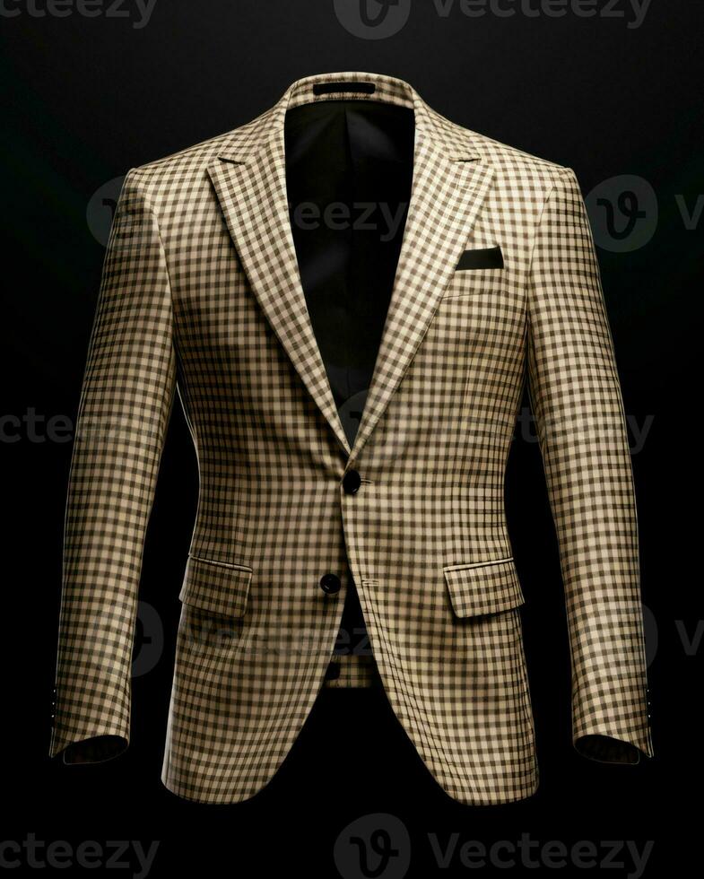 AI generated Elegant Beige Men's Suit with Gingham Motif Isolated on Black Background. Generative AI photo