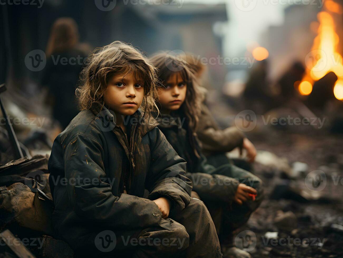 ai generado un grupo de refugiado niños sentar en el medio de un devastado por la guerra ciudad. niños en guerra zona. generativo ai foto