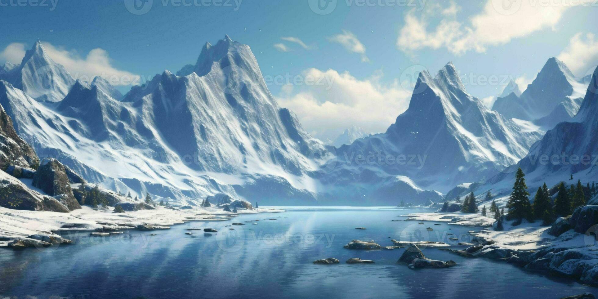 AI generated Illustration of a Large Snowy Mountain Landscape with a Lake Below. Winter Mountains. Generative AI photo