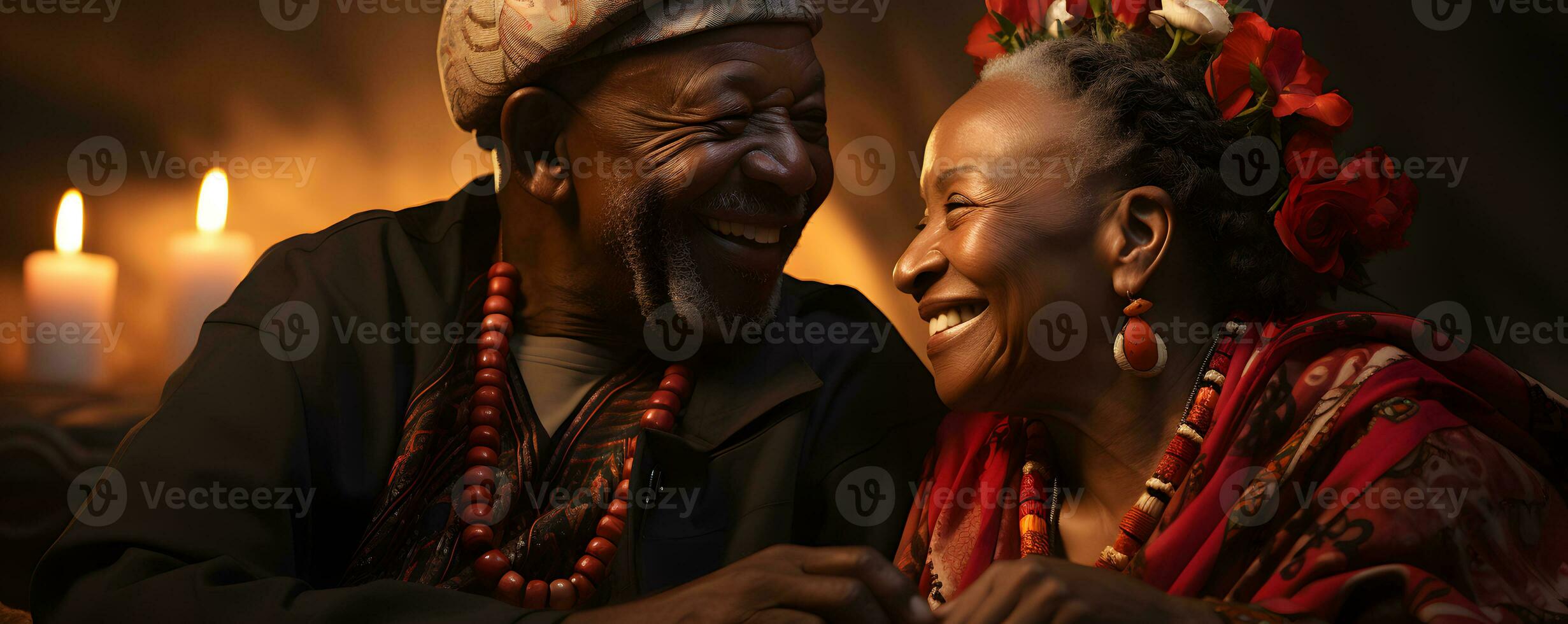 ai generado romántico mayor africano Pareja abrazando cada otro con puesta de sol vista. generativo ai foto