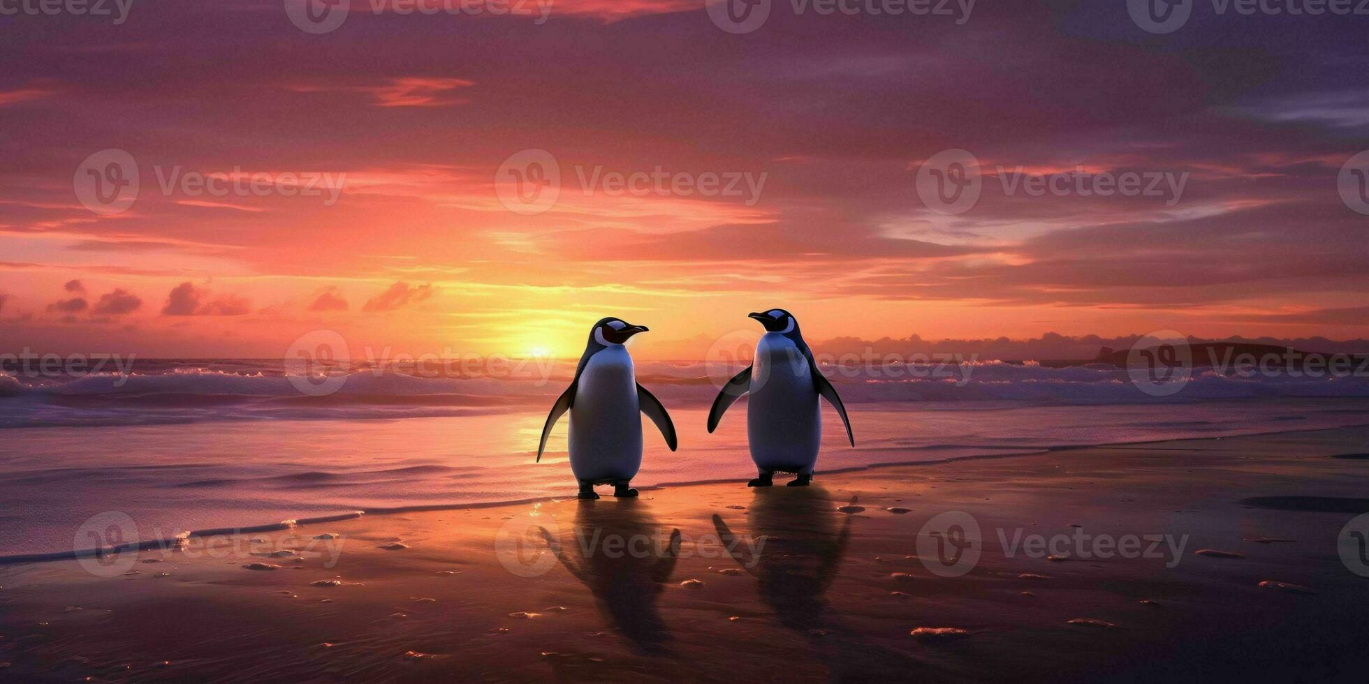 AI generated A Pair of Penguins Enjoy the Beauty of the Beach at Dusk. Penguin Couple. Generative AI photo