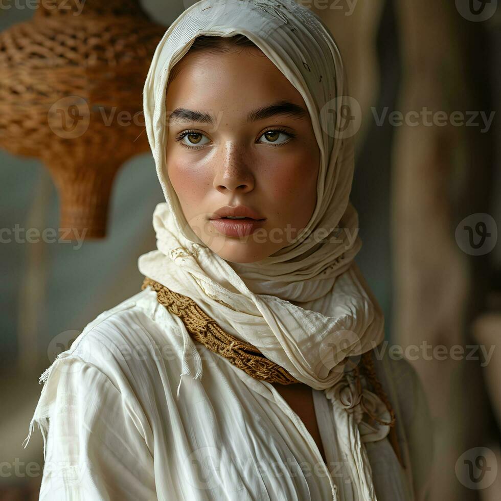 ai generado retrato de un hermosa y exótico joven musulmán mujer con blanco hiyab generativo ai foto