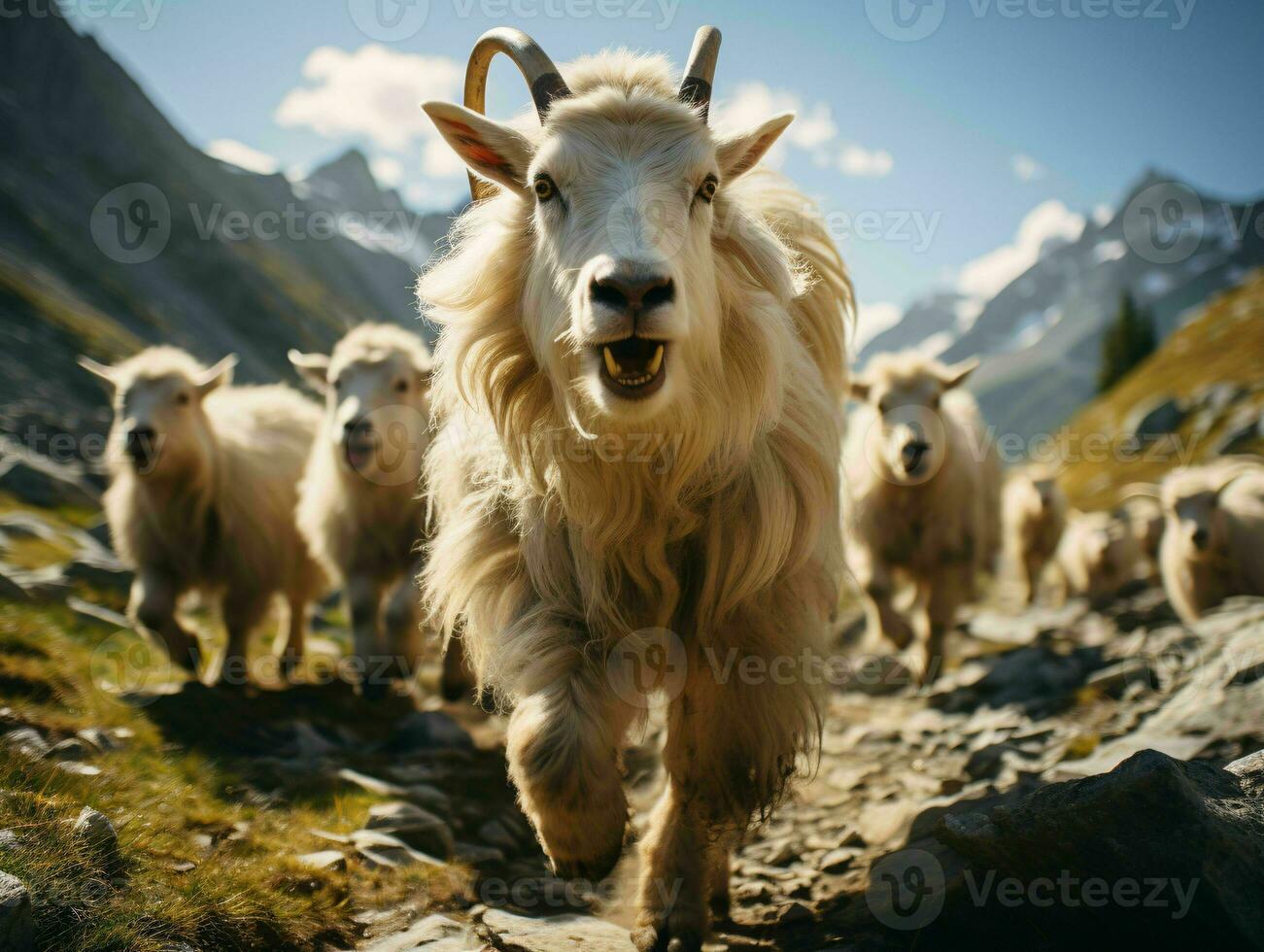 AI generated Herd of Mountain Goats on a Rocky Hill. Generative AI photo