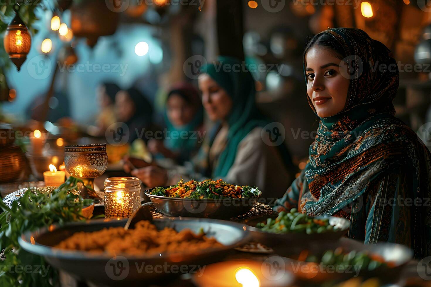 AI generated Muslim Family and Friends Gathering during Ramadan with Delicious Dishes on the Table. Iftar Dinner. Generative Ai photo